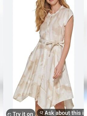 Pure DKNY White Beige Print Linen Midi Handkerchief Shirtdress Sz 8 NWT